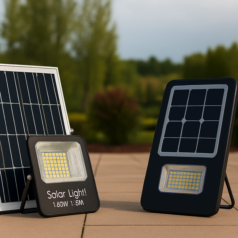 مقایسه دو مدل پروژکتور خورشیدی، یکی با پنل جدا و دیگری سرخود، در فضای باز و نور طبیعی